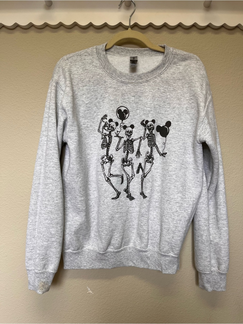 Gildan Gray Crewneck Sweatshirt with Dancing Skeletons, Balloons & Mickey ears